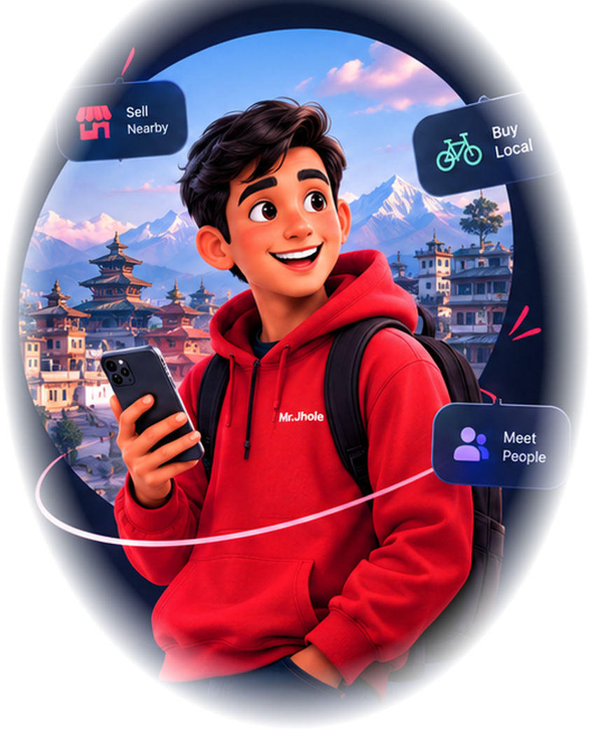 Mr. Jhole mascot in front of a Nepal skyline